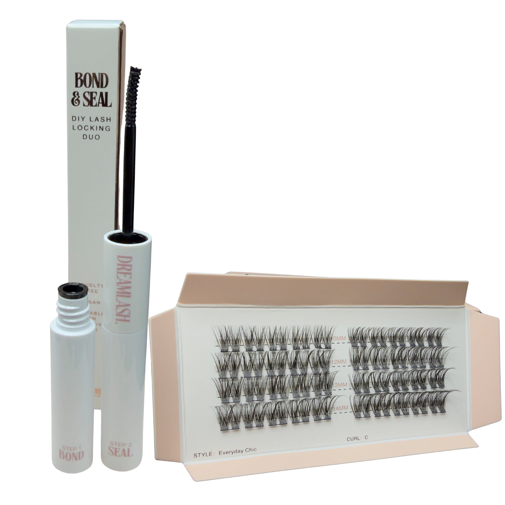 Eyelash extension kit with Bond & Seal product and false eyelashes on a white background