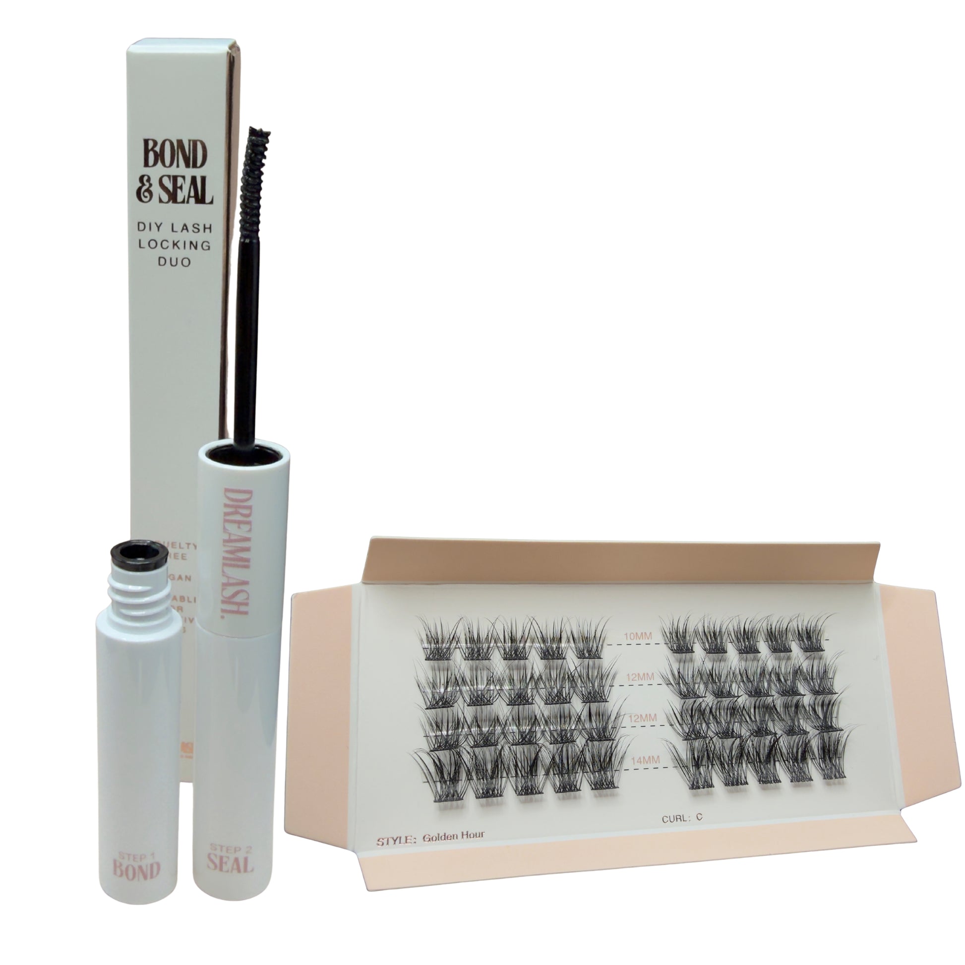 Bond & Seal DIY Lash Locking Duo with lashes and applicator on a white background
