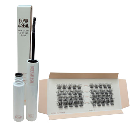 Bond & Seal DIY Lash Locking Duo with lashes and applicator on a white background
