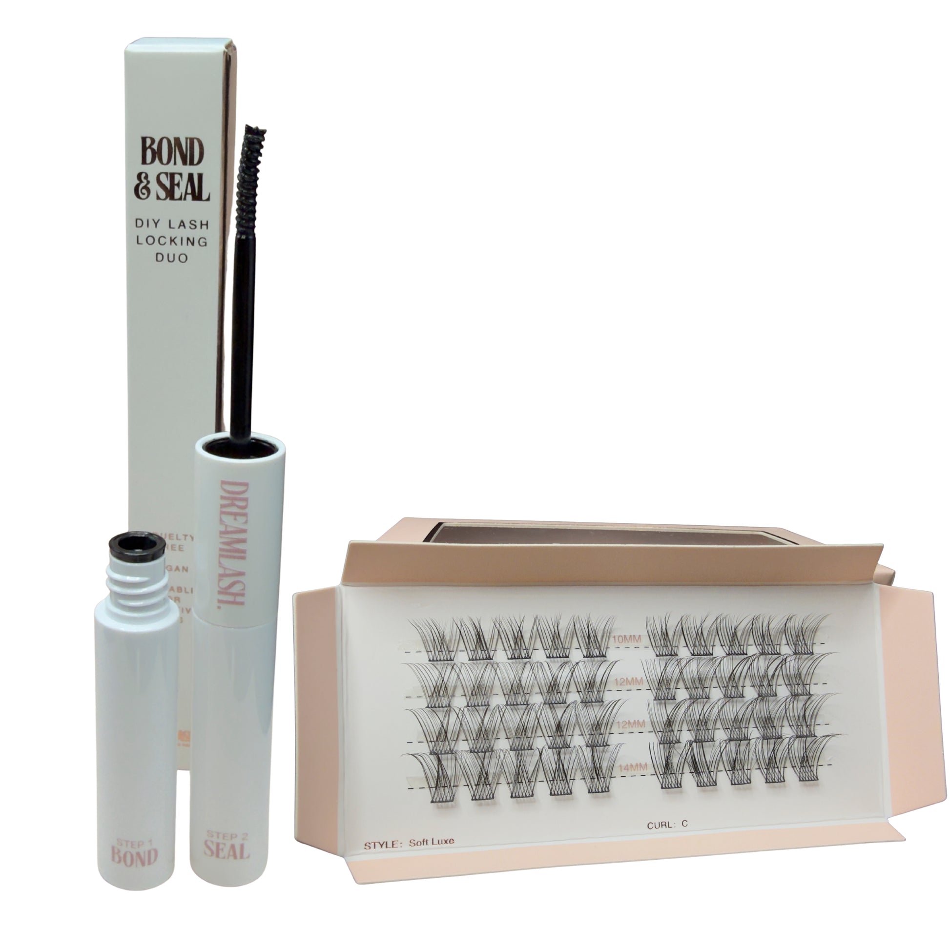Bond & Seal DIY Lash Locking Duo with lashes and applicator on a white background