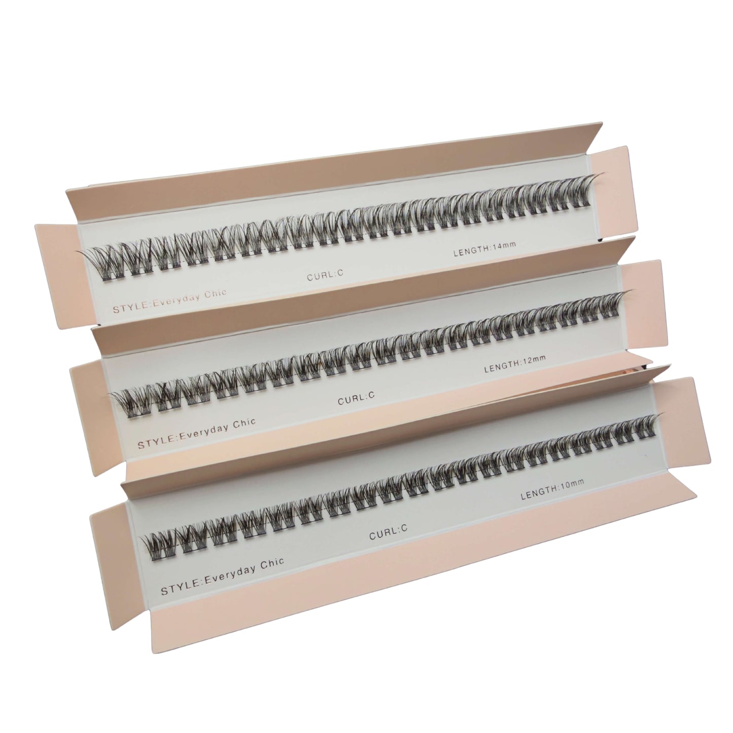 Three boxes of false eyelashes with 'STYLE Everyday Chic' branding on a white background