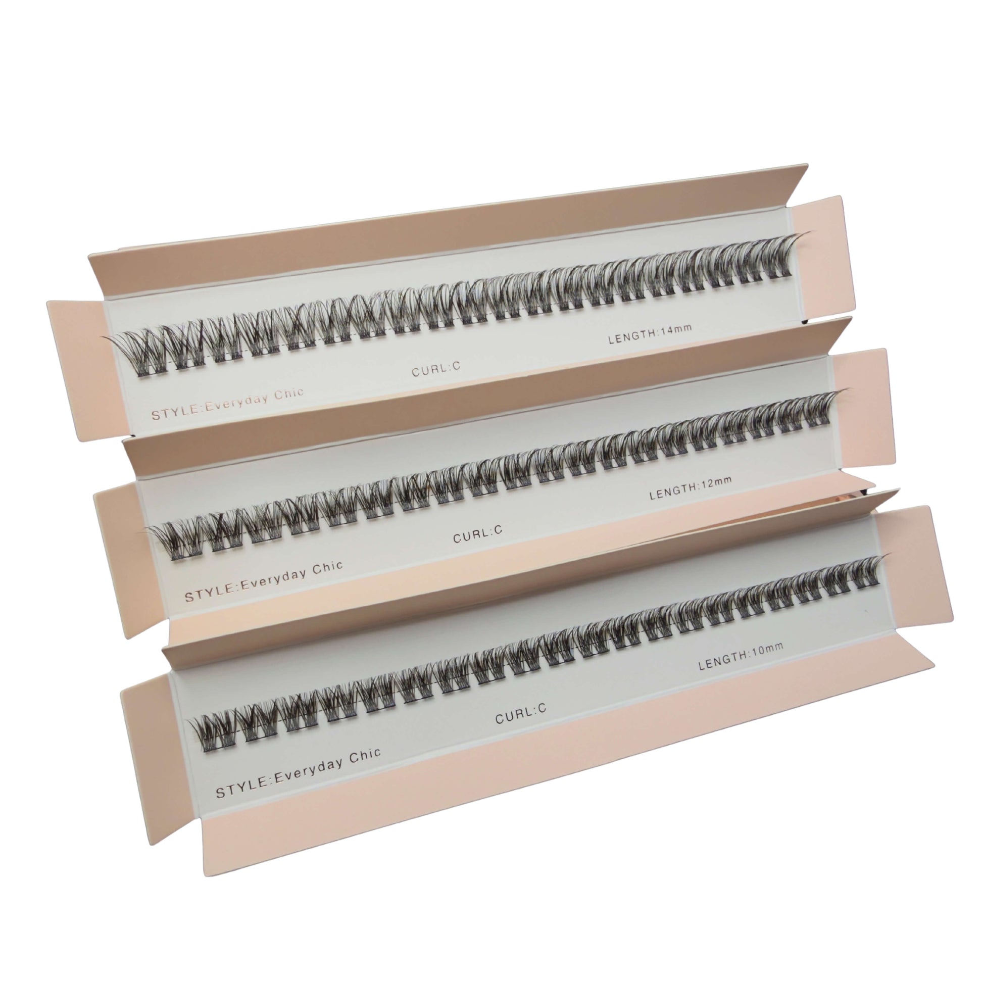 Three boxes of false eyelashes with 'STYLE Everyday Chic' branding on a white background