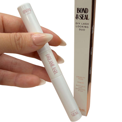Hand holding a white cosmetic pen labeled 'Dream Lash' with 'Bond & Seal' packaging in the background.