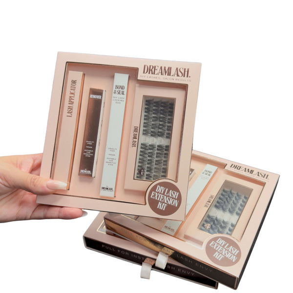 Dreamlash DIY Lash Extension Kit with lashes and tools on a white background