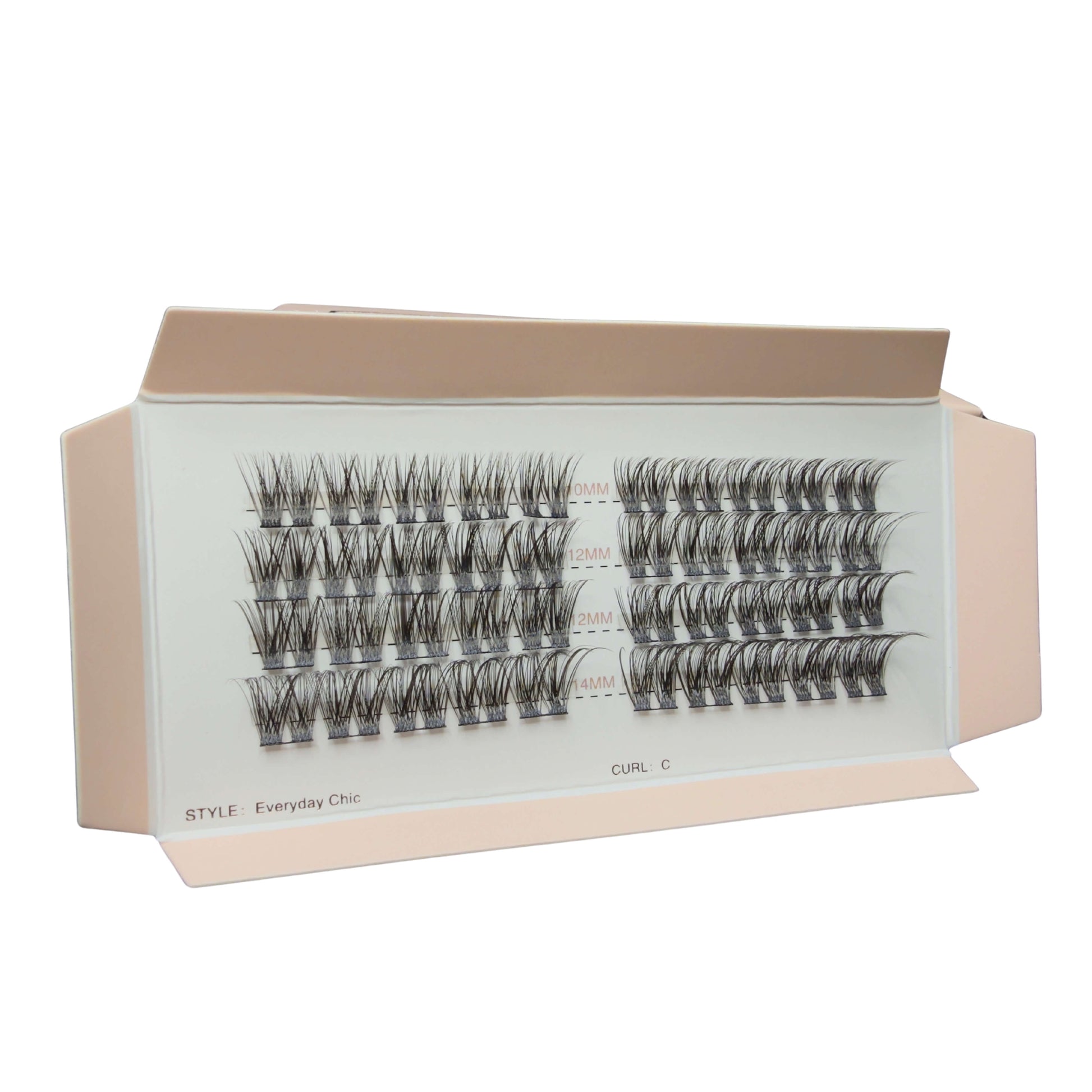Box of false eyelashes with 'Everyday Chic' and 'Curl C' labels on a white background