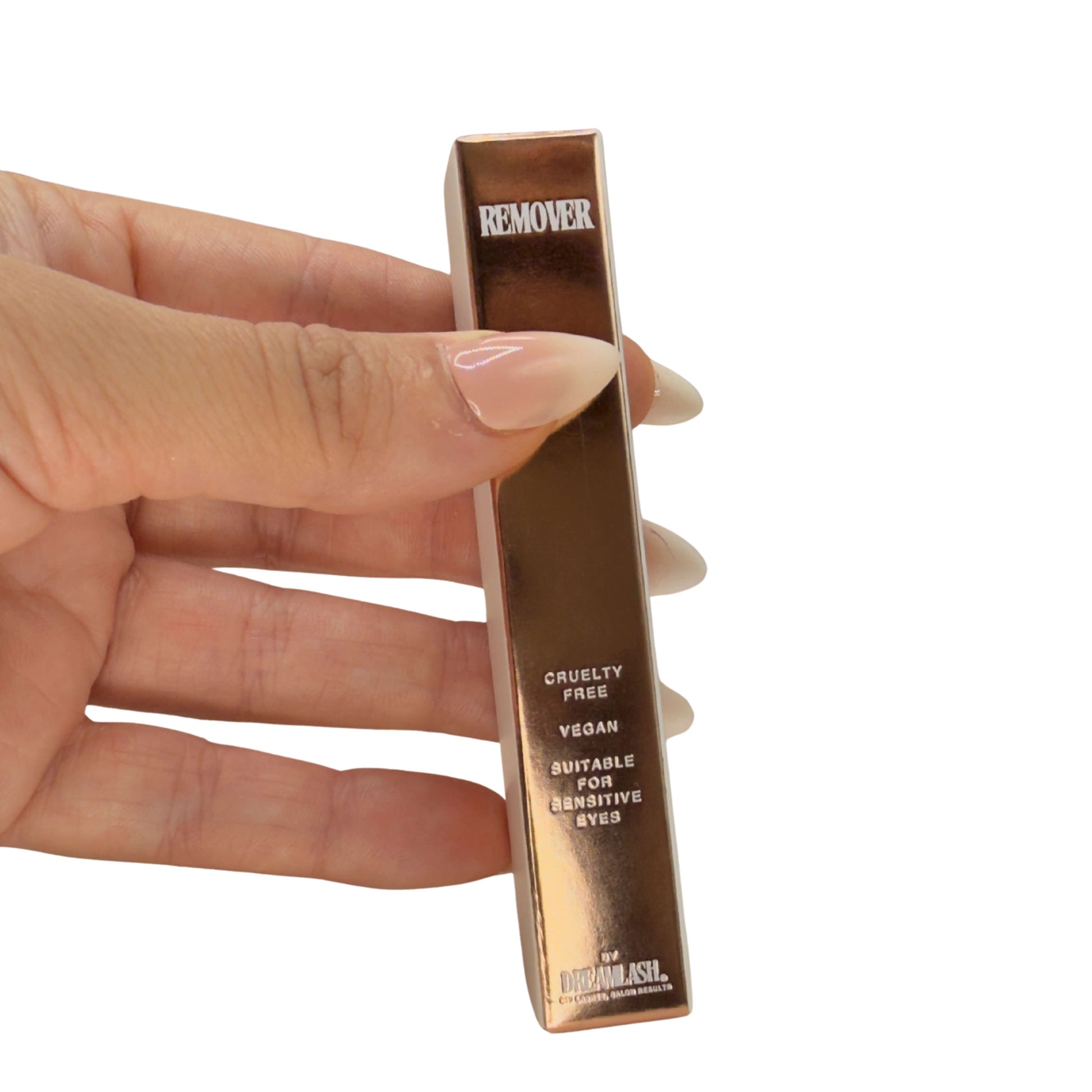 Eyelash extensions remove,r white bottle on a white background. Rose gold packaging 