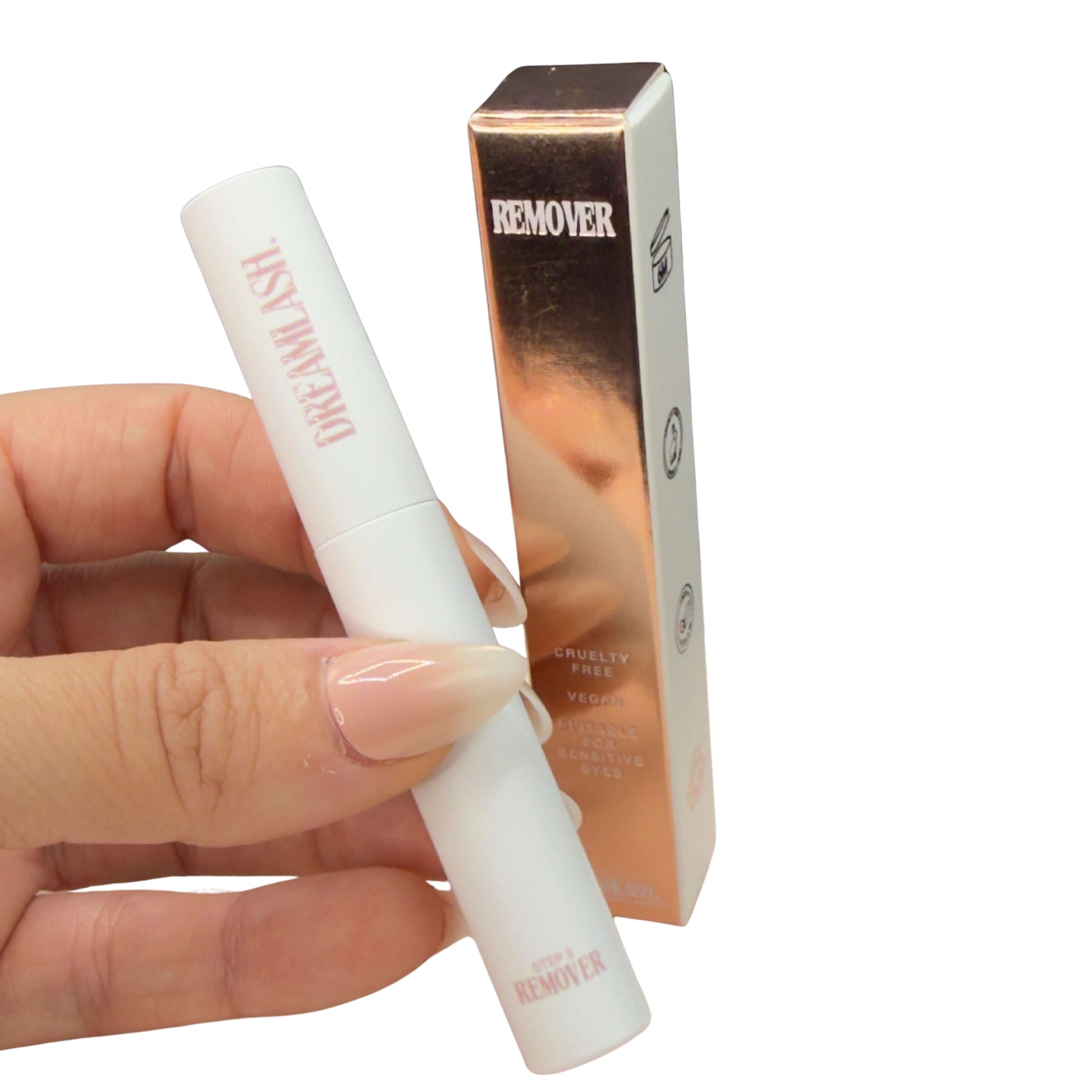 Eyelash extensions remove, white bottle on a white background. Rose gold packaging 