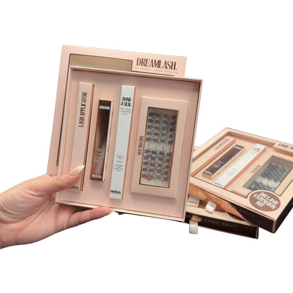 Hand holding a cosmetic kit with 'Dreamlash' branding on a white background
